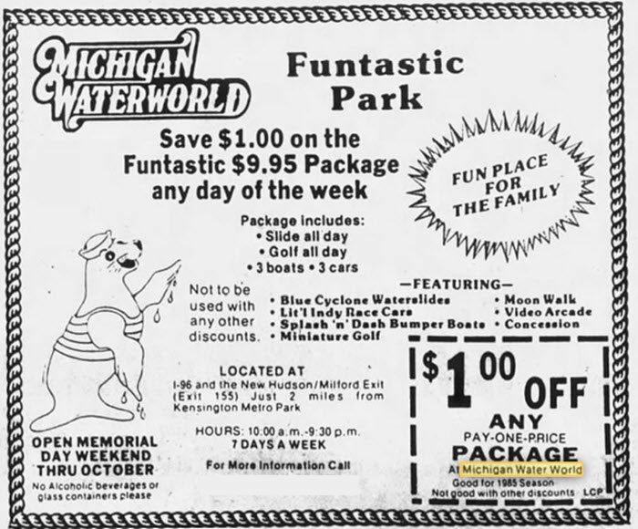 Michigan Water World - JULY 31 1985 AD FOR THE PARK